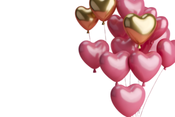 Shiny pink and gold heart shape balloons isolated beautifully on transparent background
