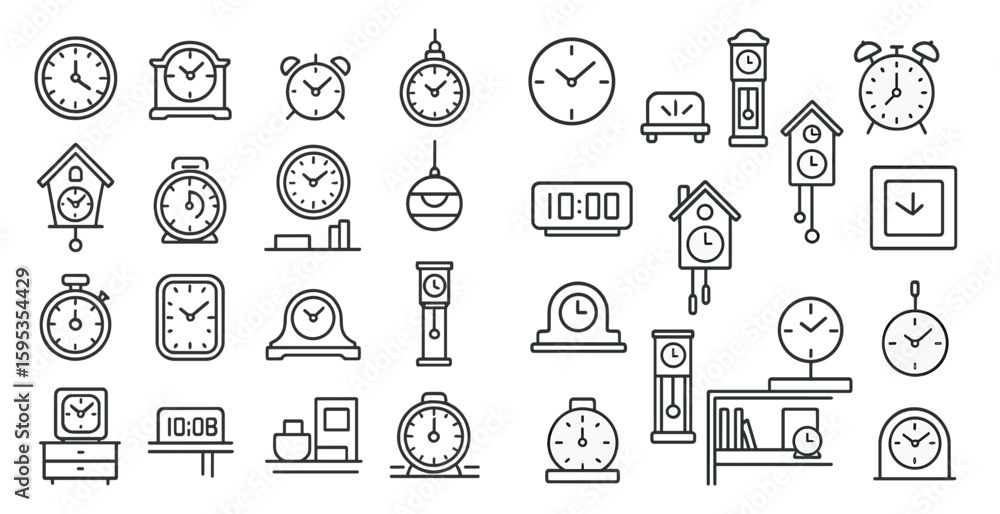 Leinwandbilder Collection of clocks and timepieces in various shapes and sizes. The clocks are all lined up in a row, with some of them being larger than others. Scene is one of organization and order