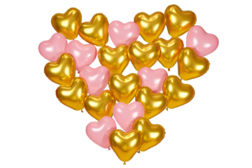 Shiny pink and gold heart shape balloons isolated beautifully on transparent background