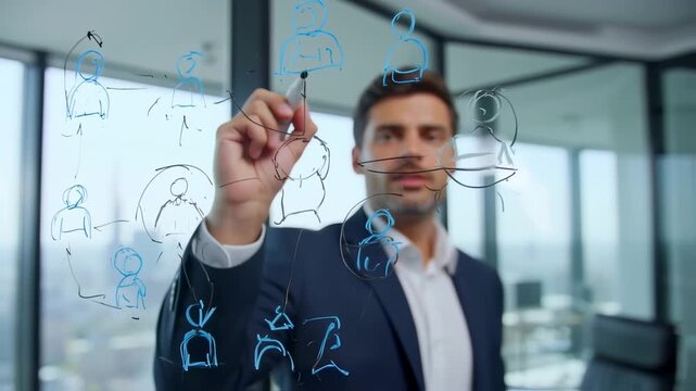 Dynamic Business Strategy: Man Drawing Network Diagram on Glass Board in Modern Office