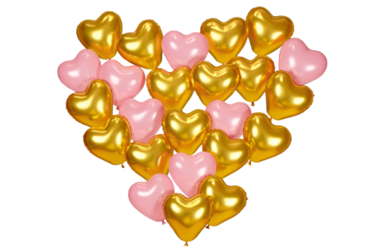 Shiny pink and gold heart shape balloons isolated beautifully on transparent background
