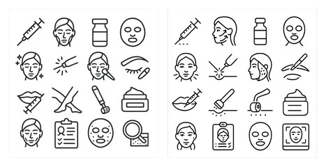 Set of icons for beauty and medical procedures. The icons include a syringe, a needle, a bottle, a tube, a brush, a cup, a bottle, a tube, a syringe, a bottle, a tube