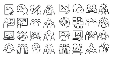 Collection of icons that represent different ideas and concepts. Some of the icons include a person holding a pencil, a person holding a paintbrush, a person holding a computer mouse