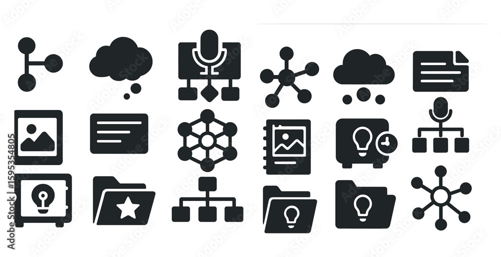 Leinwandbilder Collection of icons for various computer programs and devices. Some of the icons include a file folder, a cloud, a microphone, and a light bulb