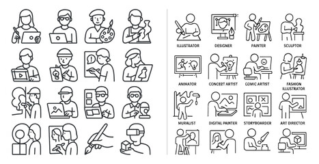 Series of people in various professions, including a painter, a graphic designer, and a video editor