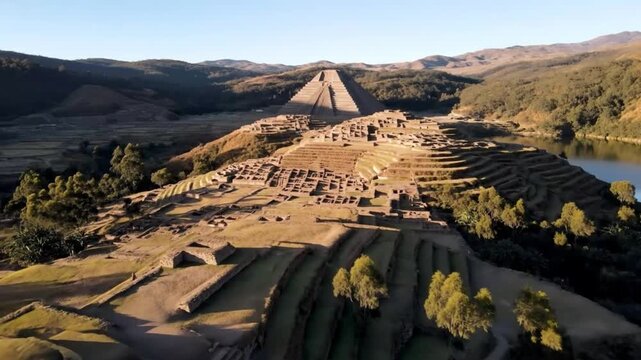 An aerial view captures the ancient inca ruins of ingapirca in the andes mountains of ecuador, showcasing its rich history and architectural marvels