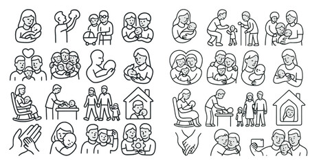 Series of images depicting various family moments, including a man holding a baby, a woman holding a baby, and a family sitting around a table