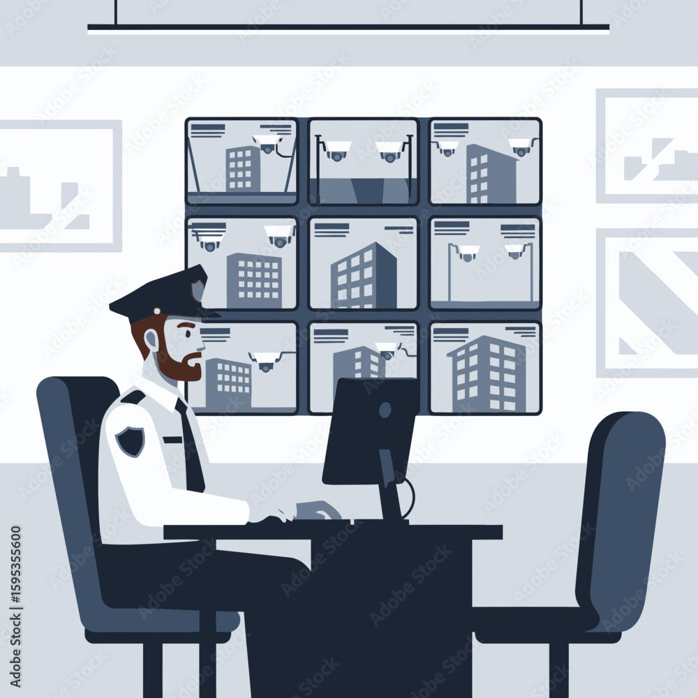 Fototapete security guard monitoring multiple building surveillance feeds on a computer in a modern security ro