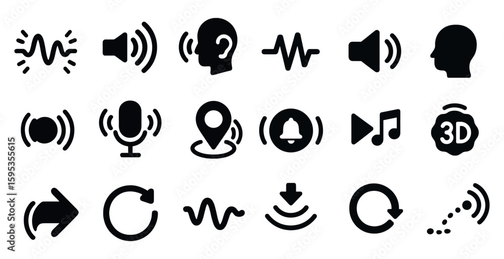Poster collection of icons for various audio and video functions. the icons include a microphone, a speaker