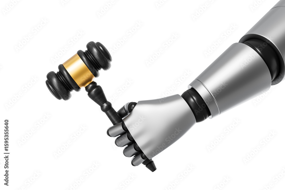 Poster robot hand holding a judge gavel symbolizing artificial intelligence and legal decision-making conce