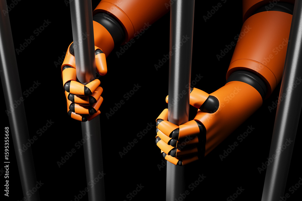 Poster robotic hands gripping prison bars in dark background, symbolizing artificial intelligence confineme