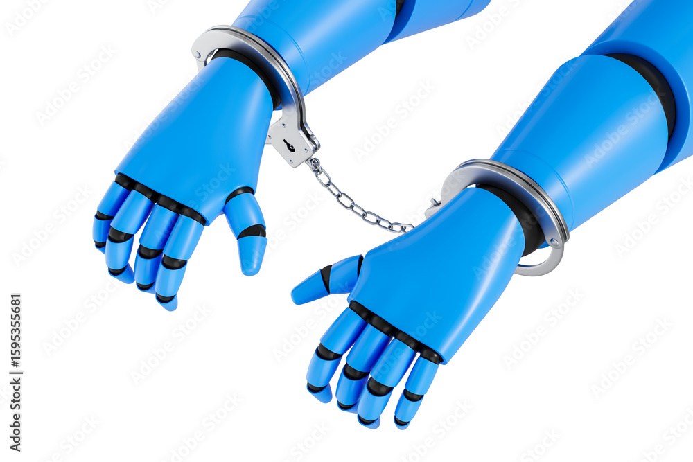 Poster robotic hands in handcuffs representing artificial intelligence restriction concept on white backgro