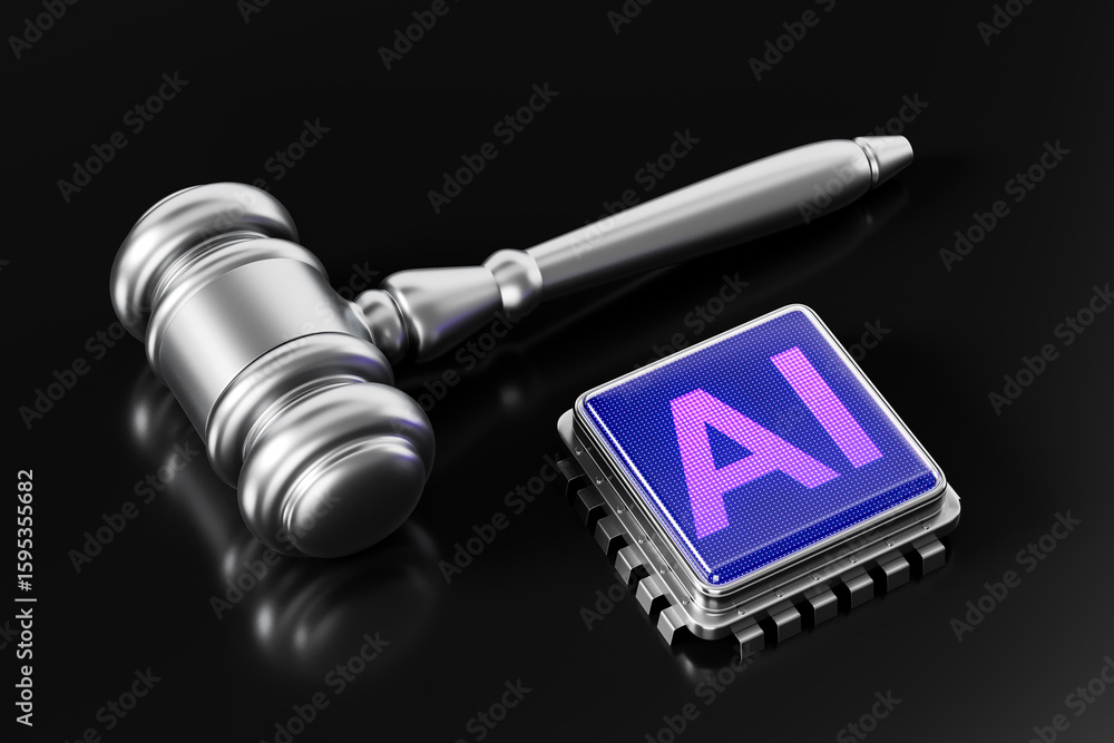 Poster metallic judge gavel beside glowing ai microchip symbolizing artificial intelligence regulation and 