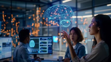 Futuristic office scene with professionals interacting with a glowing holographic brain, symbolizing AI innovation. - Powered by Adobe