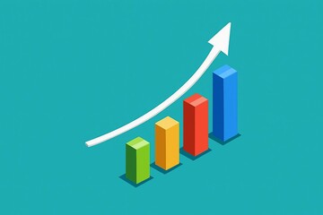Isometric bar chart with an upward trending arrow indicating financial growth and positive business performance on a teal background