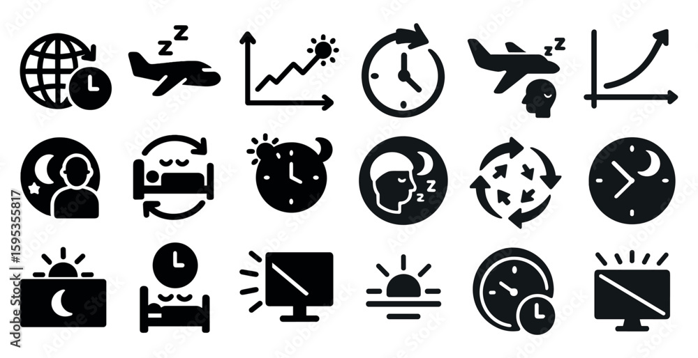 Poster collection of black and white icons that represent different times of the day. the icons include a c