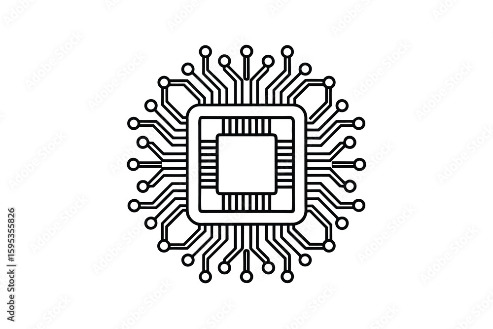 Poster minimalist line art illustration of a microchip with circuit board connections representing technolo
