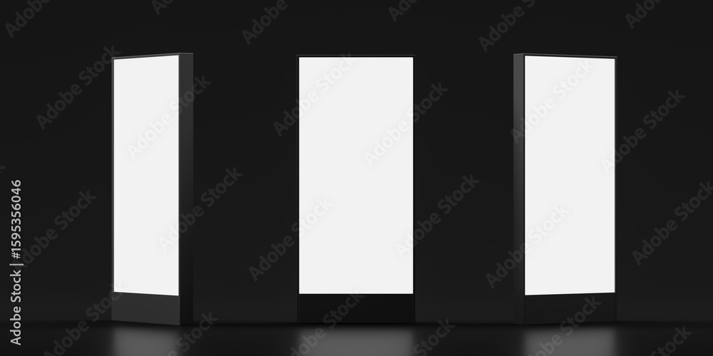 Aufkleber blank vertical display poster mockup panels with light frames in modern dark interior concept layout