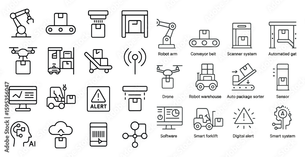 Poster series of icons for various types of machinery and technology. the icons include a forklift, a conve