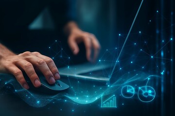 Close up of a person s hands using a computer mouse and laptop with a futuristic glowing digital network overlay symbolizing technology and data flow