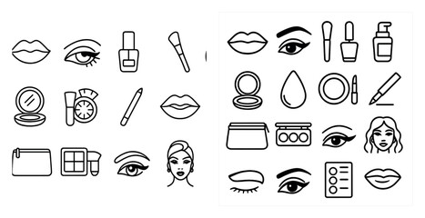 The image is a collection of makeup and beauty icons. The icons include a lipstick, a brush, a bottle, and a cup. The icons are arranged in a grid, with some overlapping each other