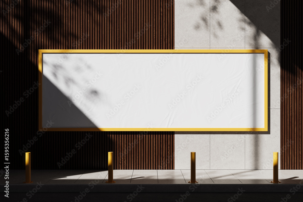 Aufkleber blank poster mockup with yellow frame on modern wall in sunlight and shadow pattern for clean design