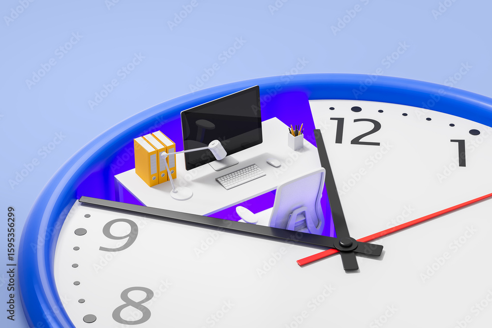 Poster office workspace inside a clock symbolizing time management and productivity concept for work-life b
