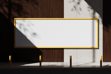 Blank poster mockup with yellow frame on modern wall in sunlight and shadow pattern for clean design and advertising concept template layout. 3D Rendering