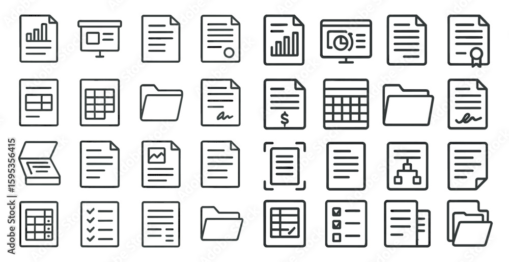 Poster set of paper icons, such as a sign, a check, a folder, and a calendar, are displayed in a grid. thes