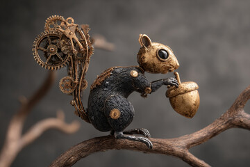 Fototapeta premium Unique steampunk squirrel sculpture holding an acorn amidst artistic twigs in a creative display