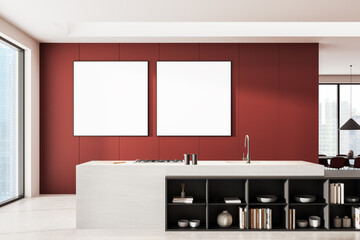 Modern kitchen interior with red wall and two blank framed posters above white island counter in daylight city view setting. Concept mockup template space. 3D Rendering