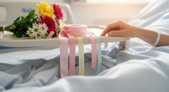 Hospital Bed Flowers Ribbon Patient Hand Recovery Get Well Soon Care Comfort Hospitalization - Powered by Adobe