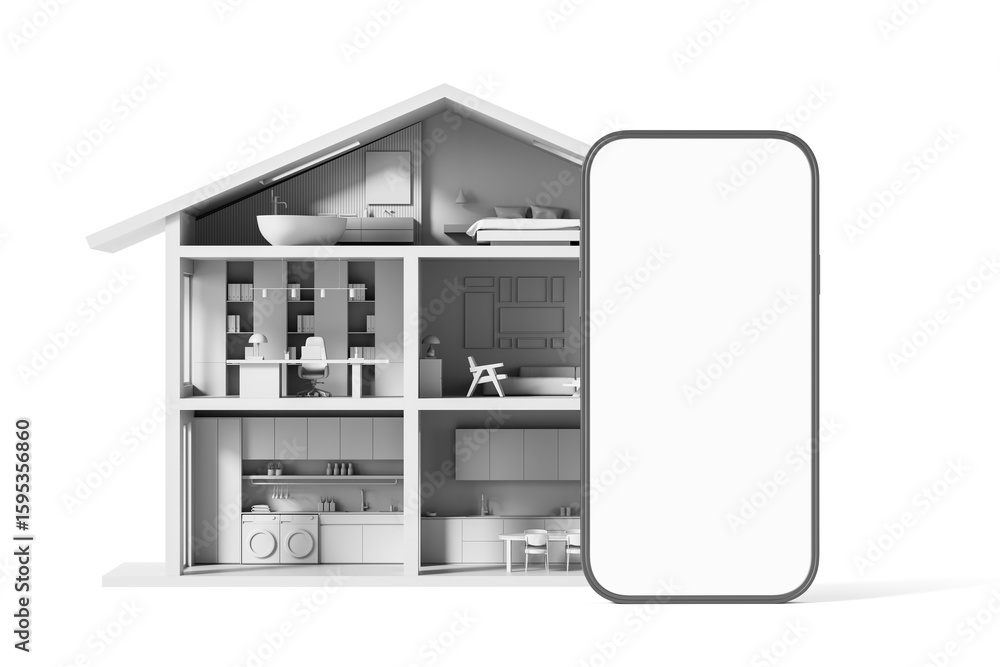 Aufkleber smart home automation concept with smartphone and modern house cross-section on white background. 3d