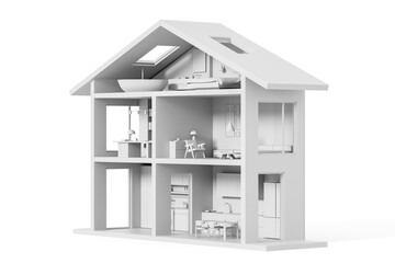 Modern minimalist house cross-section with detailed room layouts and furniture design displayed in...
