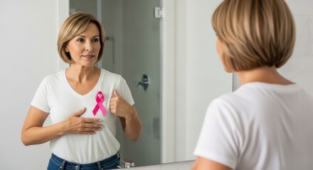 Fototapeta premium Woman checks for breast cancer symptoms wearing a pink ribbon for awareness