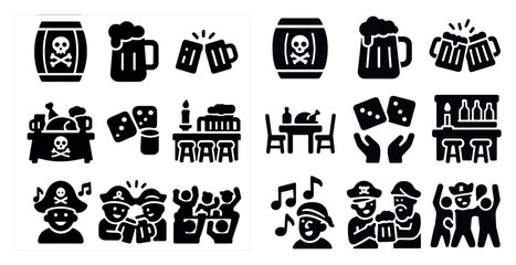 The image is a collection of various icons that represent different aspects of a bar or a party. The icons include a pirate, a skull, a cup, a bottle, a chair, a table, a person holding a hand