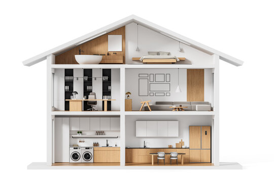 Modern minimalist house cross-section with detailed interior layout including kitchen, living room, office, bedroom, and bathroom. Concept visualization. 3D Rendering
