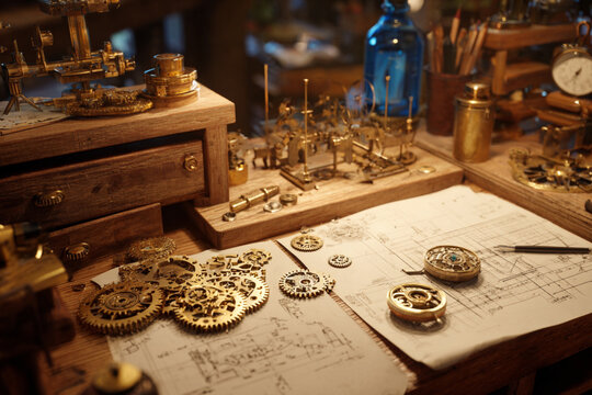 Intricate steampunk workshop full of gears and blueprints showcasing craftsmanship and creativity