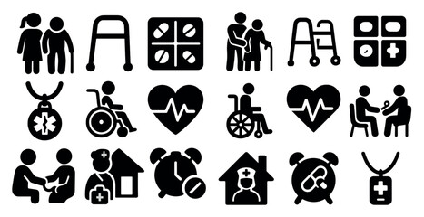 Collection of icons for medical and health related services. The icons include a heart, a wheelchair, a stethoscope, a cross, a house, a clock, a person, a bed, a person with a baby
