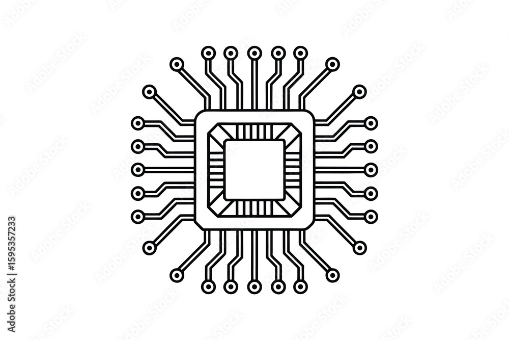 Poster simple line art illustration of a microchip central processing unit or integrated circuit representi