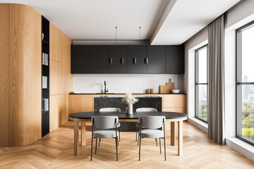 Modern kitchen interior with wood and matte cabinets, large windows, dining table and chairs in stylish minimalist apartment space. 3D Rendering. 3D Rendering