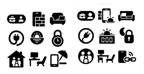 Set of icons for a home design app. The icons include a house, a couch, a bed, a chair, a dining table, a laptop, a cell phone, a clock, a book, a person