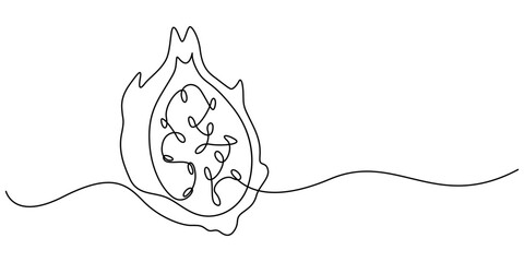 Single continuous line drawing whole healthy organic dragon fruit for orchard logo identity. Fresh dragonfruit concept for fruit garden icon, Continuous one single minimal line Dragon Fruit, pitaya.