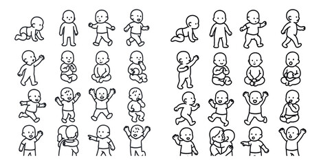Series of drawings of babies in various poses. The drawings are all in black and white. The mood of the images is playful and lighthearted