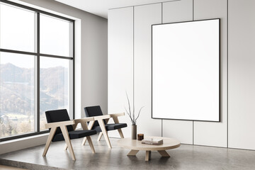 Modern waiting area with blank poster mockup on white wall in minimalist interior with wooden furniture and panoramic window view of mountains. 3D Rendering