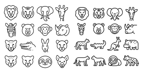 Collection of animal faces in black and white. The faces are drawn in a stylized way, and they include a variety of animals such as lions, elephants, giraffes, and bears