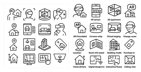 Collection of icons for virtual reality and home design. The icons include a person wearing a virtual reality headset, a house, a chair, a couch, a laptop, a cell phone, a tablet, a computer mouse