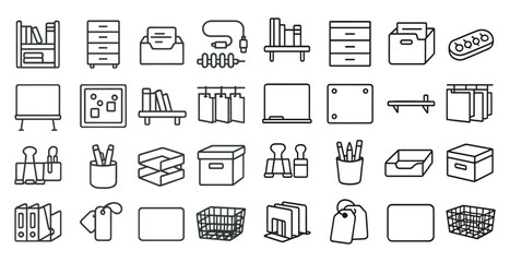 Collection of office supplies and furniture. The items include a desk, a chair, a computer, a keyboard, a mouse, a monitor, a bookshelf, a filing cabinet, a desk organizer, a basket, a cup