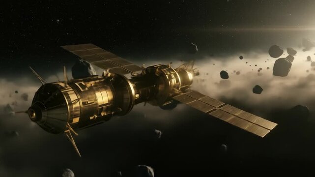 Golden Spacecraft Navigating Asteroid Field - A golden spacecraft with solar panels maneuvers through a dense asteroid field, dust and debris swirling around it.