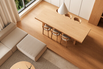 Fototapeta na wymiar Modern minimalist interior with wooden dining table and beige furniture in bright open-plan space, viewed from above. 3D Rendering